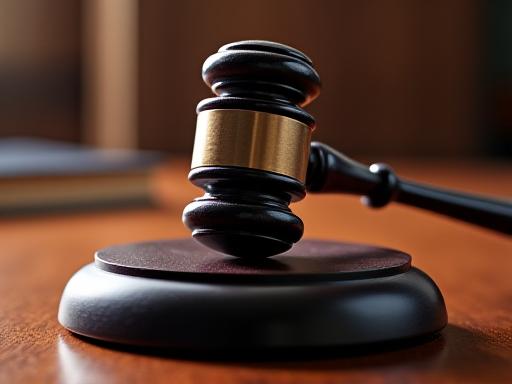 Mazo de juez sobre una base de madera oscura en un contexto de tribunal, representando la litígación